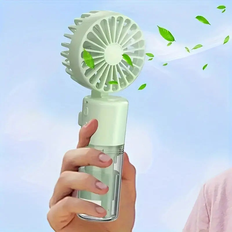 Portable mini fan with mist spray.