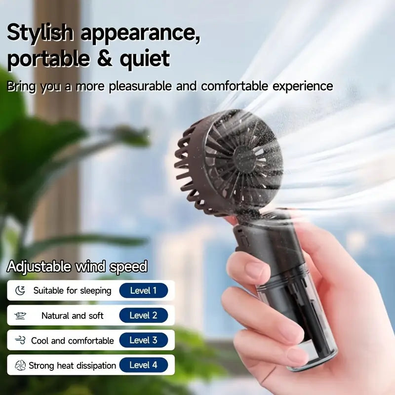 Portable mini fan with mist spray.