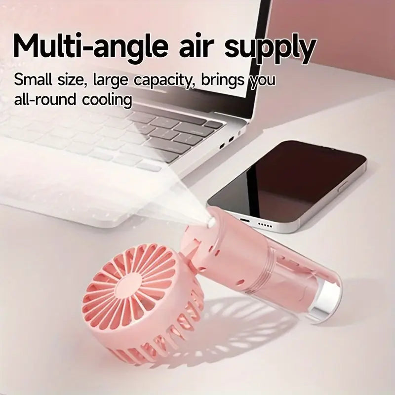 Portable mini fan with mist spray.