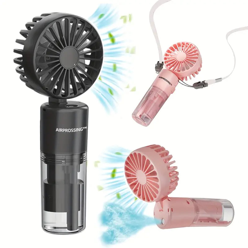 Portable mini fan with mist spray.