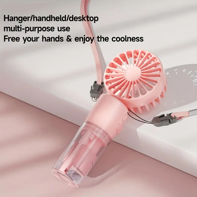 Portable mini fan with mist spray.