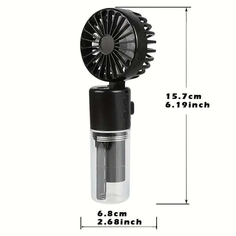 Portable mini fan with mist spray.